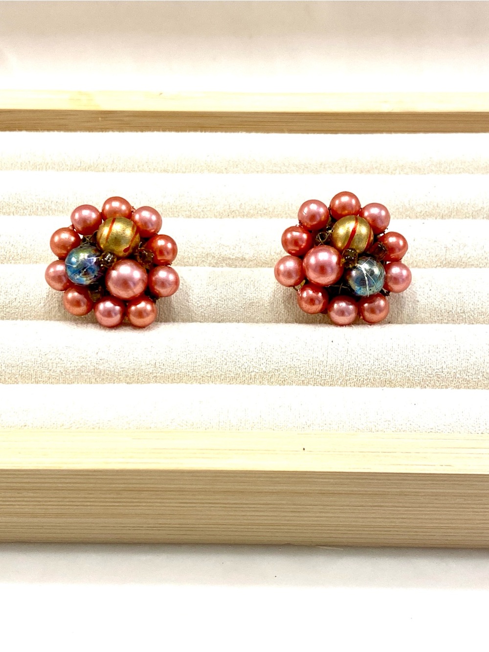 Vintage 1950s Signed Japan Pink Faux Pearl Beaded Floral Cluster Clip On Earring